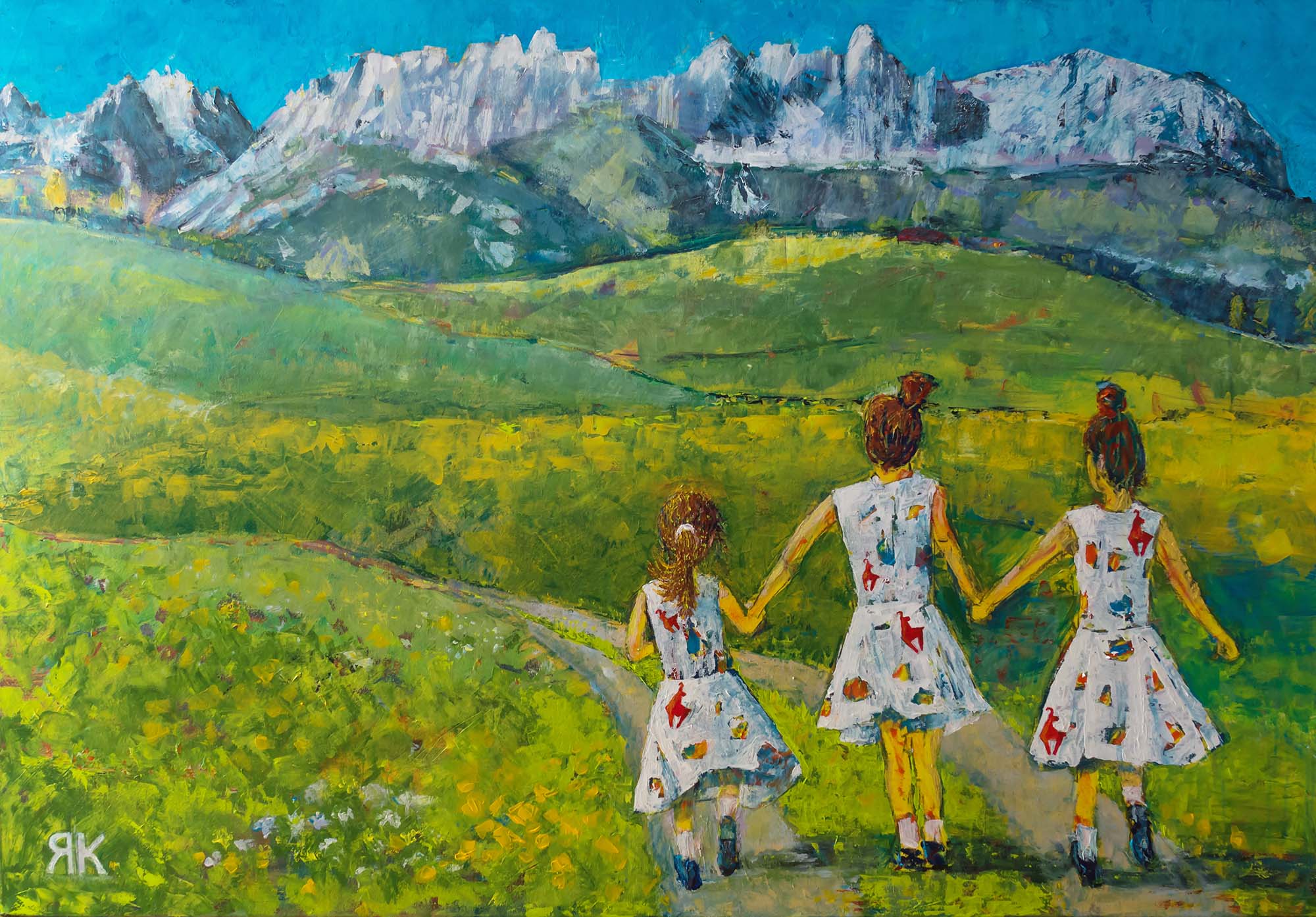 Girls walking on green summer lawn under the mountain range Wilder Kaiser, Tyrol, Austria by Ria Kieboom