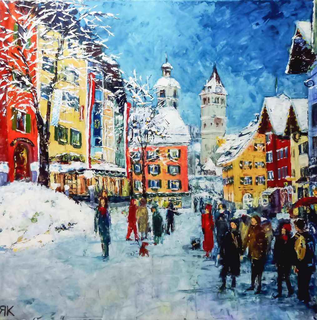 Crowd of people walking on snow in Kitzbühel city center, Tyrol, Austria by Ria Kieboom