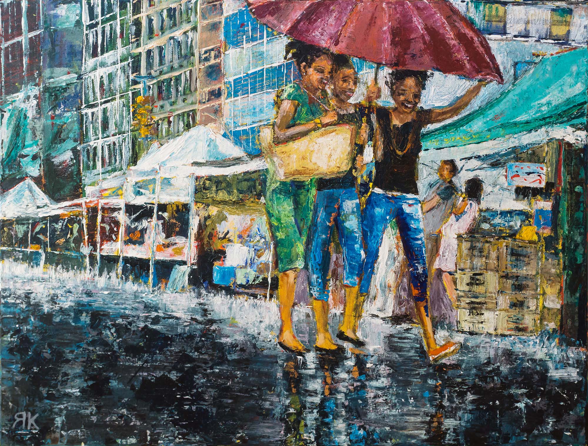 Three girls walking under an umbrella in the rain in New York by Ria Kieboom