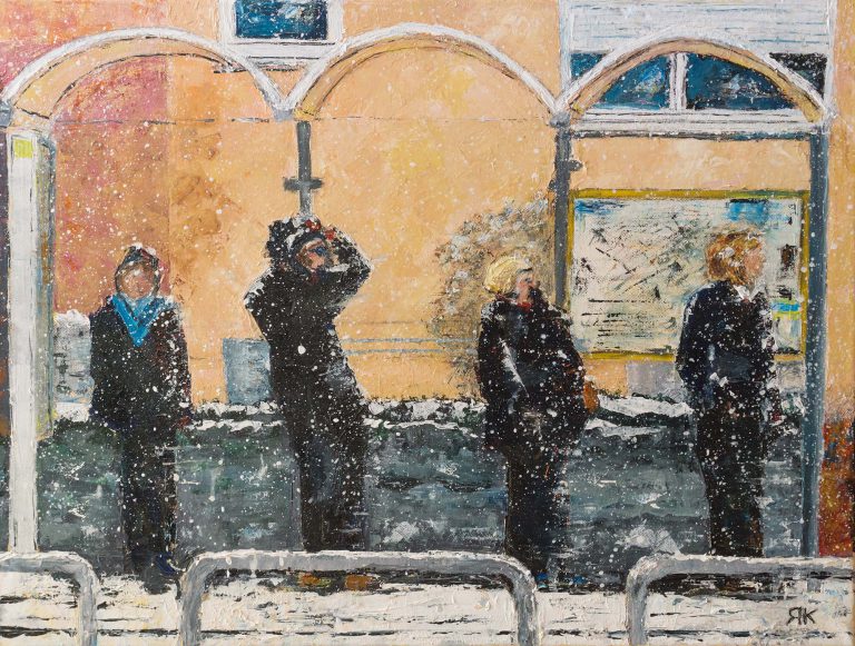 Four people waiting at a bus station in the snow by Ria Kieboom