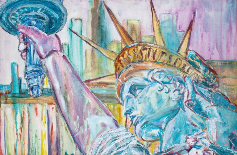 Statue of liberty head and flame with cityscape by Ria Kieboom