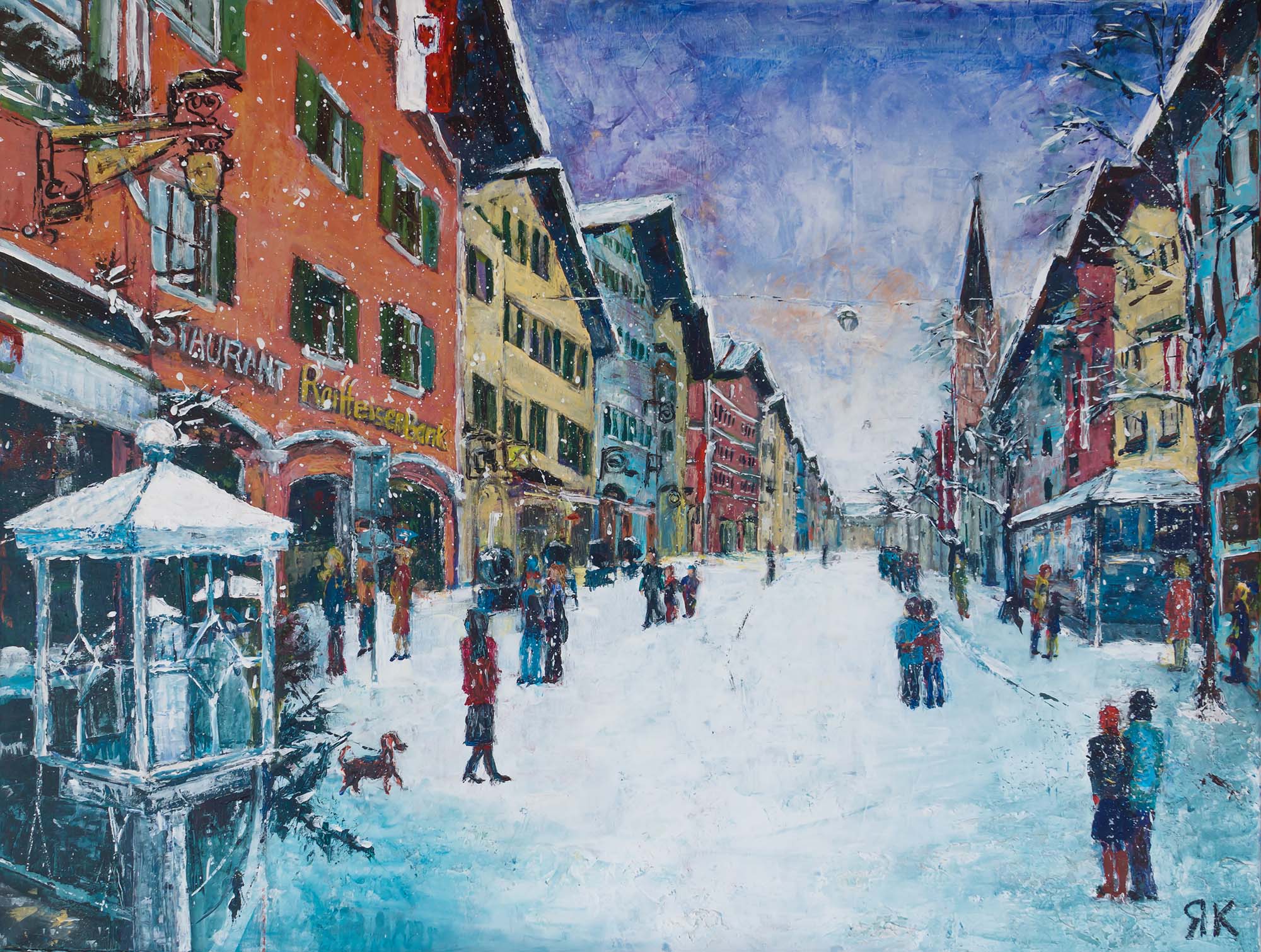 Kitzbühel winter scene in city street with church, Tyrol, Austria by Ria Kieboom