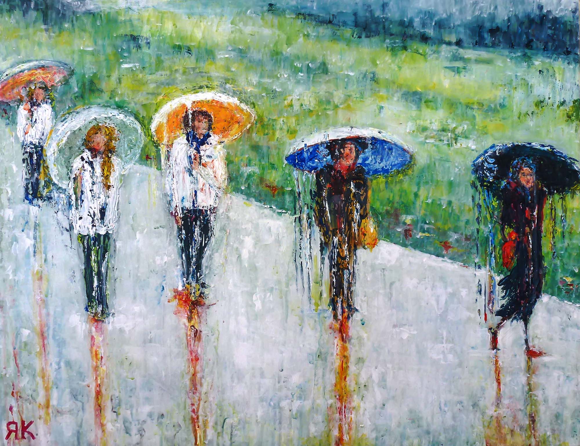 Walking people with umbrella walking through the rain in Tyrol, Austria by Ria Kieboom